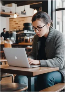 A girl at coffee shop working on a computer.