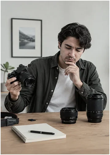 Photographer compares camera gear with budget photography lenses on a desk