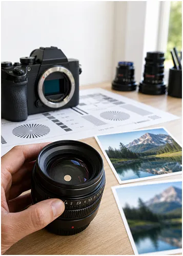 Camera lens sweet spot testing with charts and sample landscape prints